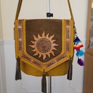 Handmade Peruvian Suede Crossbody Bag Sun Motif Boho Vintage Style Golden Tan